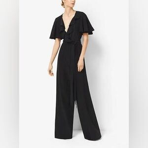 Michael Kors Collection Women’s Silk Jumpsuit Ruffle V-Neck Flutter Sleeve Black